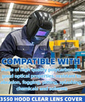 Twenty Pack Clear Replacement Welding Helmet Lenses Fits Lincoln Viking 3350 2450 750S 850S Standard Cut Pro Shop Ready Eye Shields in use.