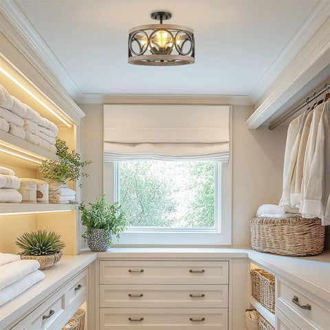 Larkin 15-Inch 3-Light Modern Farmhouse Semi Flush Mount Ceiling Light in closet, weathered ash wood and black finish.