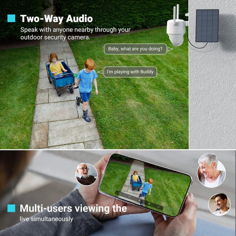 Top view of Solar Powered Outdoor Security Camera Kit With 2 4GHz WiFi 360 Degree PTZ Spotlight And Siren showing two-way talk feature.