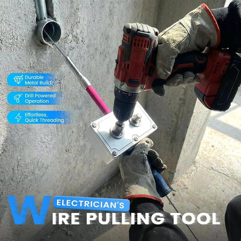 Drill Powered Automatic Cable Puller And Tugger For Hidden Pipe Routing No Sweat Wire Threading System With Back Saver Grip Smooth As Butter Handheld Tool Built Tough For Electrician Crews in use with drill.