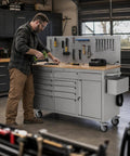 Man using a Heavy Duty Rolling Tool Chest With Ball Bearing Slides And Rock Solid Steel Workbench Storage Rack in a garage.