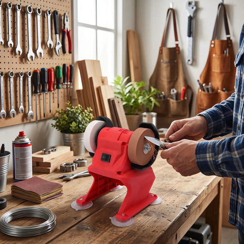 Heavy Duty Badass Mini Bench Grinder Featuring Dual 70 Mm Wheels Kicking Out 5500 Rpm For Rad Metal Shaping And Deburring Using Any 18V Battery Pack For Your Workshop on a workbench.