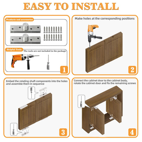 Installation guide for Slick Running 4 Inch Pivot Hinges For Hidden Doors, showing steps with tools and assembly parts.