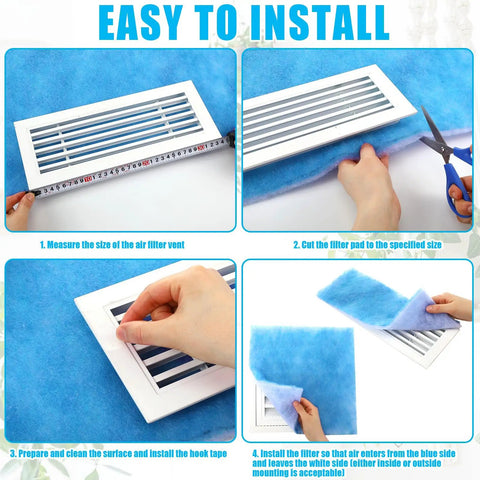 Easy Peasy Install Washable Reusable Air Vent Filter With Adhesive Hook Tape Merv 6 Electrostatic Cut To Size Replacement, measuring and cutting steps shown.