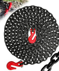 Quarter Inch G80 Tow Chain With G70 Clevis Grab Hook, Heavy Duty Safety Chain For Towing And Transport, 16 Foot Long, Oiled Black