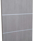 Premium Double Barn Door Sliding Hardware Set With Ridiculously Smooth Heavy Steel Track And Complete Floor Guide Kit For Chic Modern Spaces Today - Close-up of gray pine door with vertical wood grain and three white lines.
