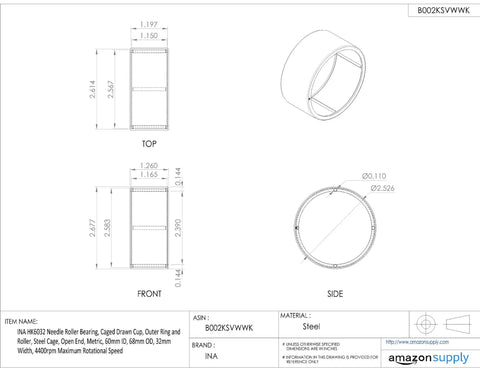 Heavy Duty Needle Roller Bearing Drawn Steel Cup Caged Design For High Dynamic Loads 60Mm ID 68Mm OD 32Mm Width dimensions diagram.