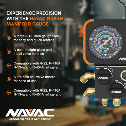 Tough As Nails 4 Valve Air Conditioning Manifold Gauge Set With Hose Lines featuring large gauge face and ball valve handles.