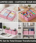 8 Pack Fabric Drawer Organizer Bins with Versatile Multi Size Storage Cubes for Clothing and Gear to Declutter Your Dresser Effortlessly in pink.