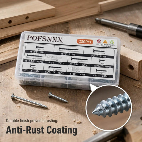 Beast Mode Wood Screw Assortment Kit With Plastic Anchors 230 Pieces Size Six And Eight Phillips Head with anti-rust coating displayed.
