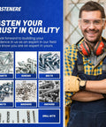 Man in workshop gear with Fastenere product display of rivets, screws, bolts, and more for quality fastening solutions.