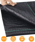 Close-up of Heavy Duty Weed Barrier Landscape Fabric 3.2oz Premium Ground Cover Mat for Gardens, showing weave and flexibility.