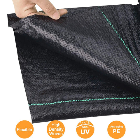 Close-up of Heavy Duty Weed Barrier Landscape Fabric 3.2oz Premium Ground Cover Mat for Gardens, showing weave and flexibility.