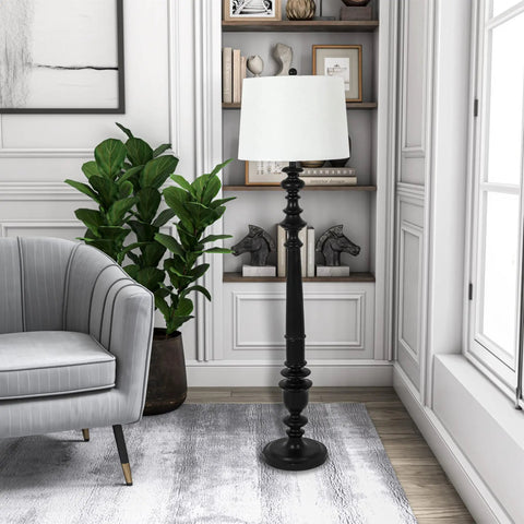 Benjamin Traditional Floor Lamp Satin Black Finish with Resin Construction in a living room setting, showcasing classic charm and elegance.