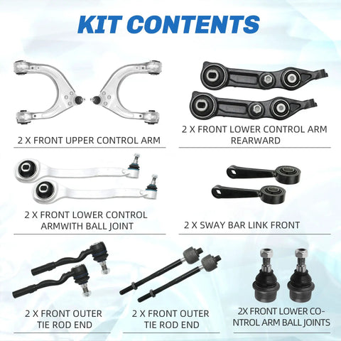Heavy Duty Mercedes Benz Cls E Class Front Control Arm Kit featuring sway bar links and tie rod ends components diagram.