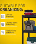Heavy Duty Four Tier Plastic Storage Shelf Rack In Black 48 X 21 X 14 Inches used for organizing garages, laundry rooms, and offices.