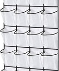 Over The Door Shoe Rack With 28 Spacious Pockets For Max Storage Capacity Breathable Mesh Hanging Shoe Organizer in white and black.