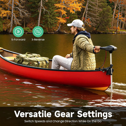 Kayaker using Top Shelf Rig 40 Lb Thrust Electric Trolling Motor for saltwater cruises, showcasing versatile gear settings.