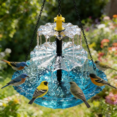 Colorful birds gathered around a Solar Powered Hanging Bird Bath Fountain With Cascading Water Feature For Gardens And Patios.
