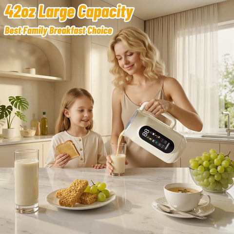Woman using 10 In 1 Automatic Nut Milk Maker With 42 Oz Capacity For Almond Soy Oat And Plant Based Milks And Juices Dairy Free Beverages With LED Panel Delay Start Keep Warm And Self Clean