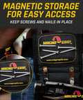 Go-To Hammer Holster With Magnetic Storage For On Belt Quick Access, showing nails secured on black ballistic polyester with logo