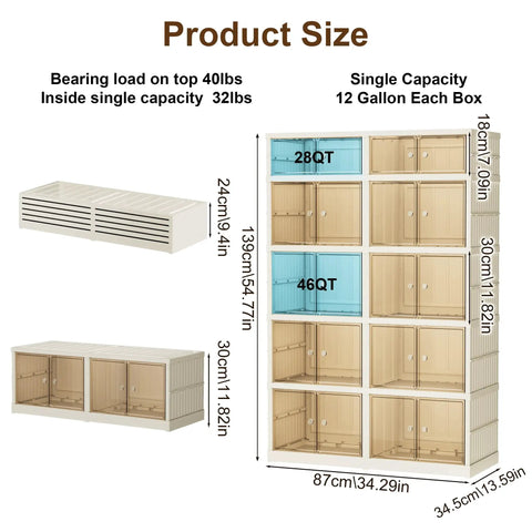 Extra Large White Plastic Collapsible Storage Bins With Tight Lids Five Tier Modular Drawer Cabinet dimensions and capacity layout.