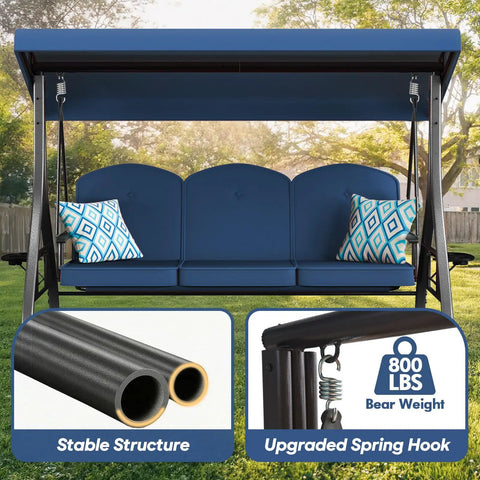 Three Seat Outdoor Porch Swing With Stand 800 Lb Capacity 2 In 1 Convertible Swing Bed With Adjustable Canopy And Removable Cushions