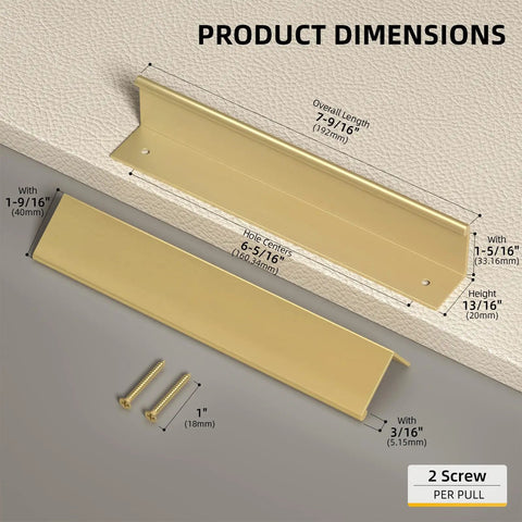 Straight Up Durable Gold Cabinet Drawer Pulls For Kitchens And Dressers, Rock Solid Aluminum Finger Grips With Smooth As Butter Glide, Hidden Edge Handle In 20 Pack With Mounting Screws Included dimensions showing size and screw details.