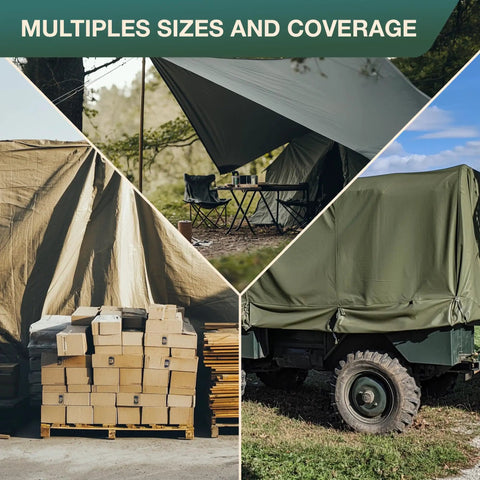Waterproof Waxed Canvas Tarp Cover Heavy Duty Duck Cloth With Rustproof Brass Grommets For Camping Construction And Outdoor Use 10x12 Feet Cut Size Finished 9 Foot 6 Inch By 11 Foot 6 Inch Grey shown covering various objects in outdoor settings.