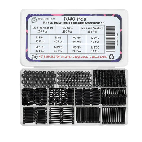 Pro Grade 1040 Piece M3 Screw Kit Featuring Hex Socket Head Cap Screws And M3 Bolts Nuts Washers Includes Allen Key, assortment in organizer with various sizes.