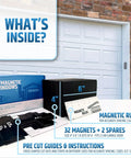 Magnetic Garage Door Window Panels Kit for Two Car Garages, 32 Pcs 4 by 6 Inch Faux Window Panes with packaging and instructions.