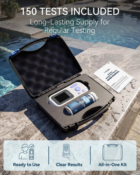 Hassle Free Digital Pool Water Test Kit With Instant Reader For Dead On Readings 7 In 1 Heavy Duty Analysis in a protective case.