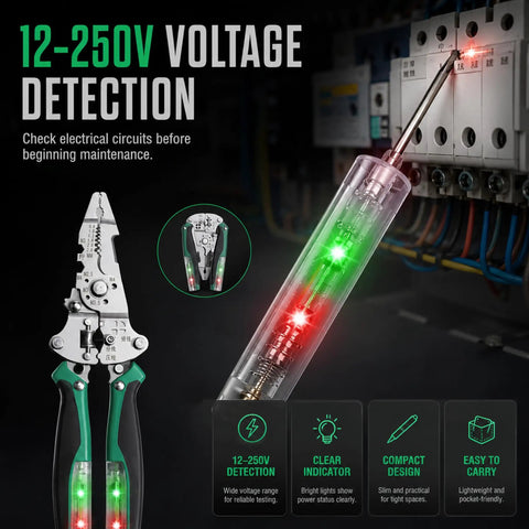 Heavy Duty 16 In 1 Foldable Wire Stripper With Integrated Voltage Tester Crimping Pliers And Screw Cutter with voltage detection features.