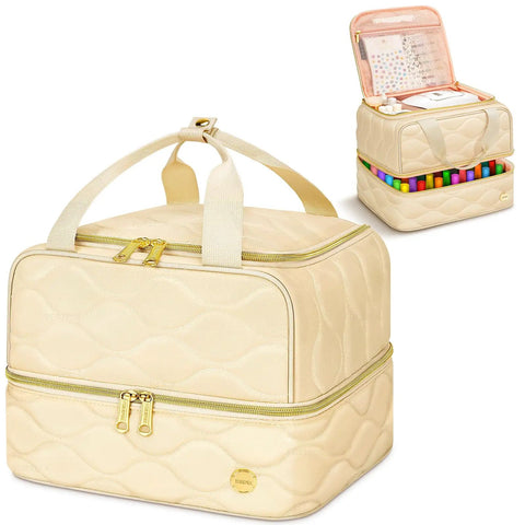 Two Layer Nail Polish Organizer Case That Holds 42 Plus 15ml Bottles, beige bag with compartments for nail supplies and UV lamp.