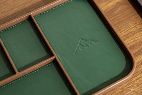 Full Grain Leather Catchall Tray Set For Nightstand And Entryway, Multi Tray Valet Organizer in durable green finish on wood surface