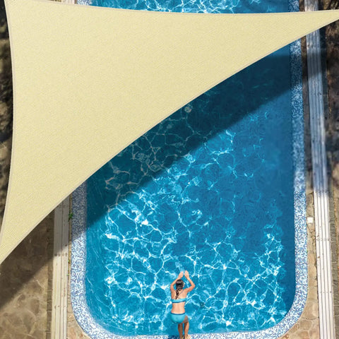Triangle Shade Sail Canopy for Outdoor Patio Garden, 5 x 5 x 5 Feet, 185 GSM Fabric, over swimming pool, beige color, 95% UV block