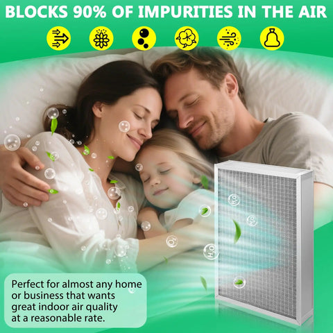 Universal Sixteen By Twenty By Four Inch Washable Furnace Air Filter Loaded With Kickass Merv Eleven Rating For No Sweat Hvac Upgrades And Heavy Duty Reusable Dust Catching, displayed next to a family sleeping peacefully.