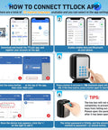 How to connect TTLock app with steps, smartphone interface, and smart key lock box usage instructions.