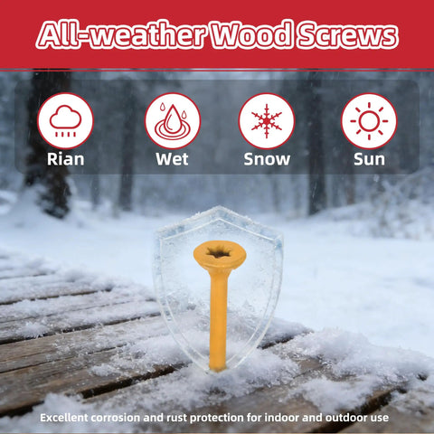 Heavy Duty Pro Grade Torx Drive Epoxy Coated Wood Screws for all-weather conditions on wet snowy outdoor surface