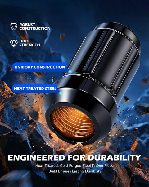 Close-up of Badass M12x1.25 Lug Nuts With 60-degree Cone Seat And Includes Socket Key showcasing heat-treated steel and robust design.