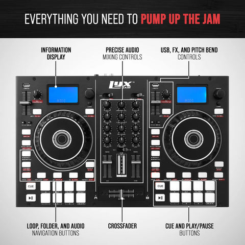 Party-Ready Portable 2-Deck DJ Controller With LCD Display USB Audio Mic Input Record Output 16 Performance Pads