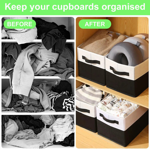 Before and after closet organization using Heavy Duty Large Shelf Storage Bins Four Pack Black Collapsible Fabric Storage Baskets.
