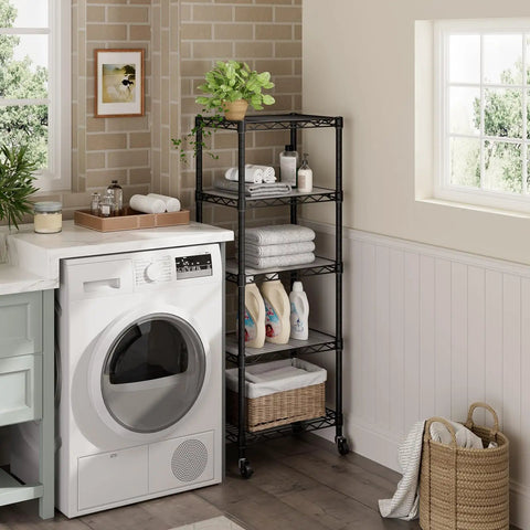 Solid Build Adjustable Wire Rolling Shelving Unit With Smooth Glide Casters And Moisture Resistant Steel Mesh for laundry organization.