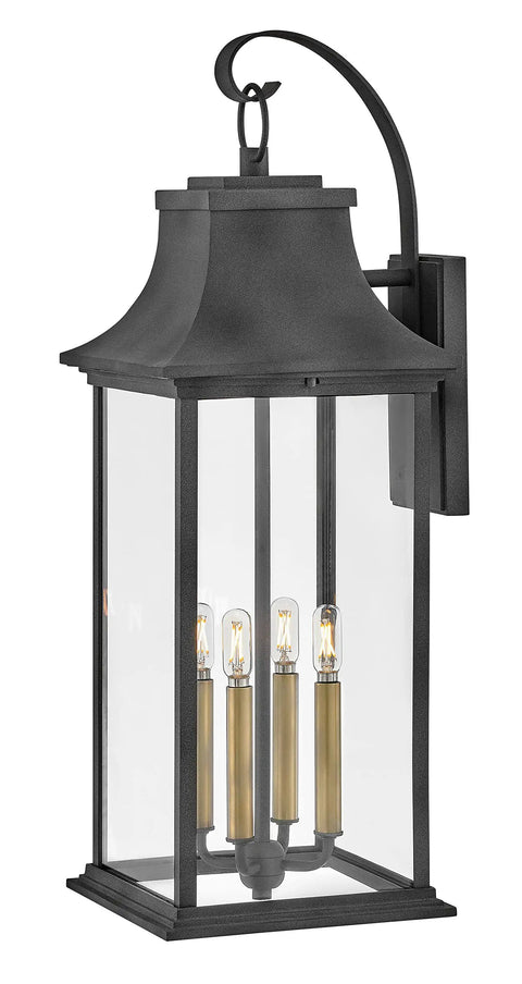 Extra Large Outdoor Wall Lantern Featuring Heritage Brass And Aged Zinc Finish Dang Tough Aluminum Build Clear Glass Panels side view