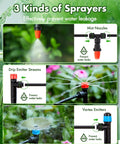 Three types of sprayers in 240 Feet Drip Irrigation System Kit For Automatic Garden Watering, mist nozzles, drip emitters, and vortex emitters