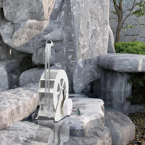 Off Grid Hydroelectric Generator For Ponds And Streams Outdoor Steel Water Wheel Power Unit on rocky setting