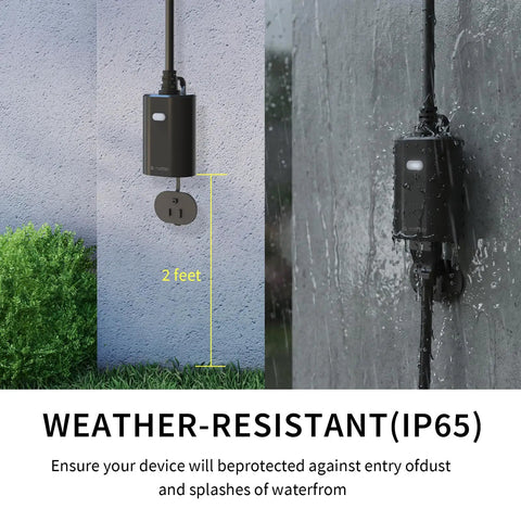 Outdoor Weatherproof Smart Plug 2 Pack Featuring Rock Solid 2.4ghz Wifi And Frictionless Alexa Google Assistant Voice Sync For A No Sweat Patio Automation Setup mounted on a wall, shown in rain, highlighting its weather resistance.