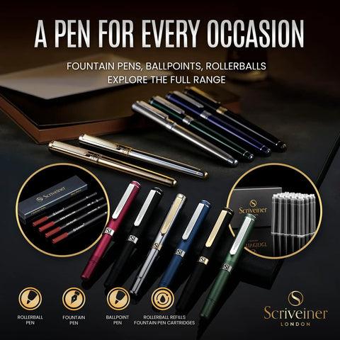 Luxurious Silver Chrome Ballpoint Pen With Real Gold Plating And Schmidt Black Refill A Boss Level Writing Instrument shown with fountain and rollerball pens.