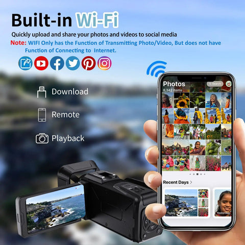 4K Video Camcorder With 64MP Photos, 3 Inch 270 Degree Flip Screen And 18X Zoom, Built In WiFi, mobile app for social sharing