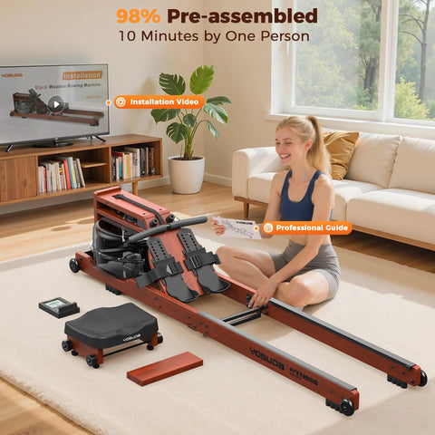 Woman assembling Water Rowing Machine For Home Gym With Foldable Wooden Frame 400 Lb Capacity in living room